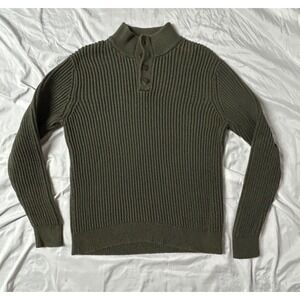 LL Bean VTG Men's Army Green Ribbed Knit Cotton Henley Mock Neck Sweater Large